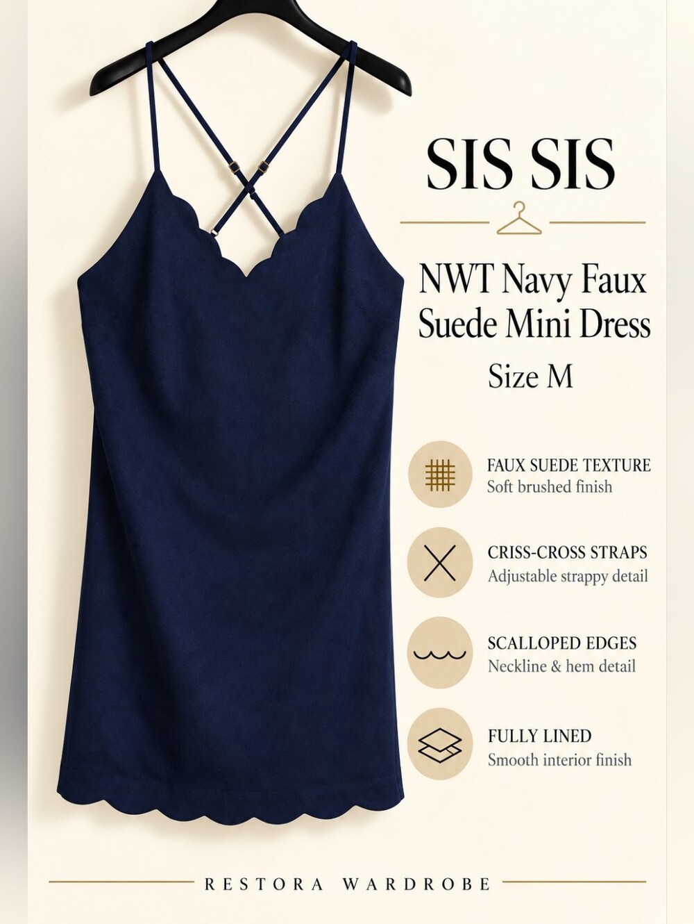 Navy Faux Suede Mini Dress Scalloped Crisscross Straps Sis Sis Size M Date Night